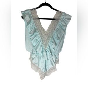 Lily of France Lace-Trim Satin Slip in Pale Aqua Vintage